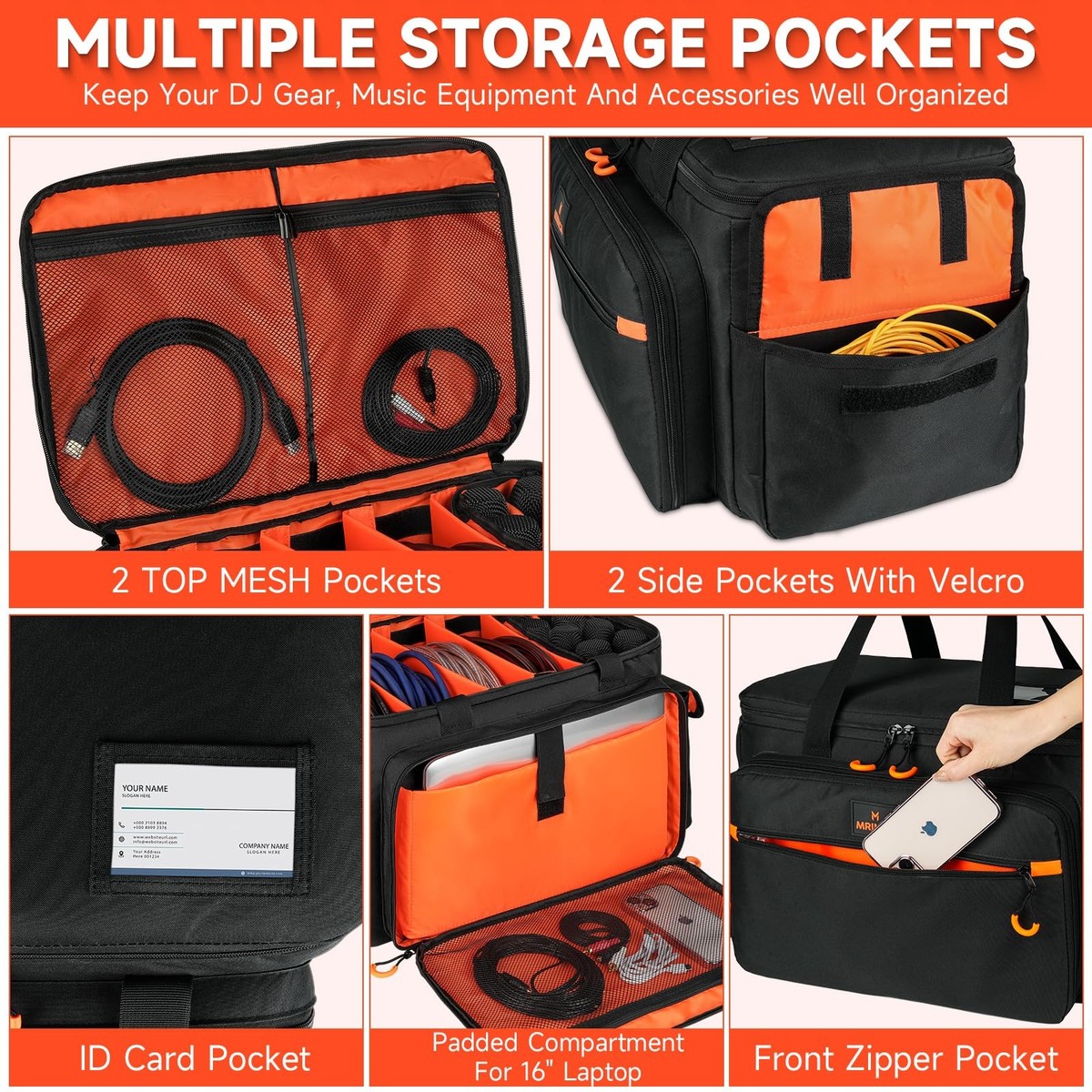 MRINCA DJ Equipment Bag, Cable Organizer Bag with 8-Slot Mic Stand