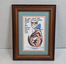 Vintage Bonnie Butler Calligraphy Print Calico Cat Framed Picture 8.5x6"