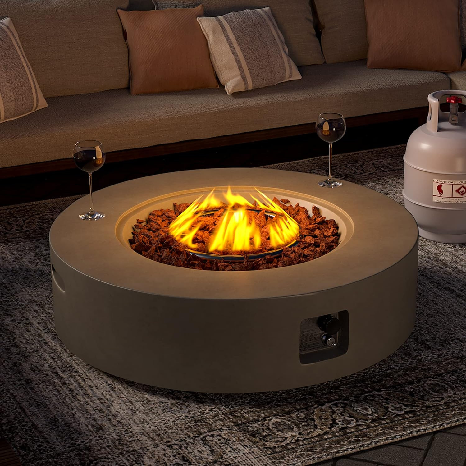 Propane Fire Pit Table, 42" Round, 50,000 BTU, Concrete Finish, Gray