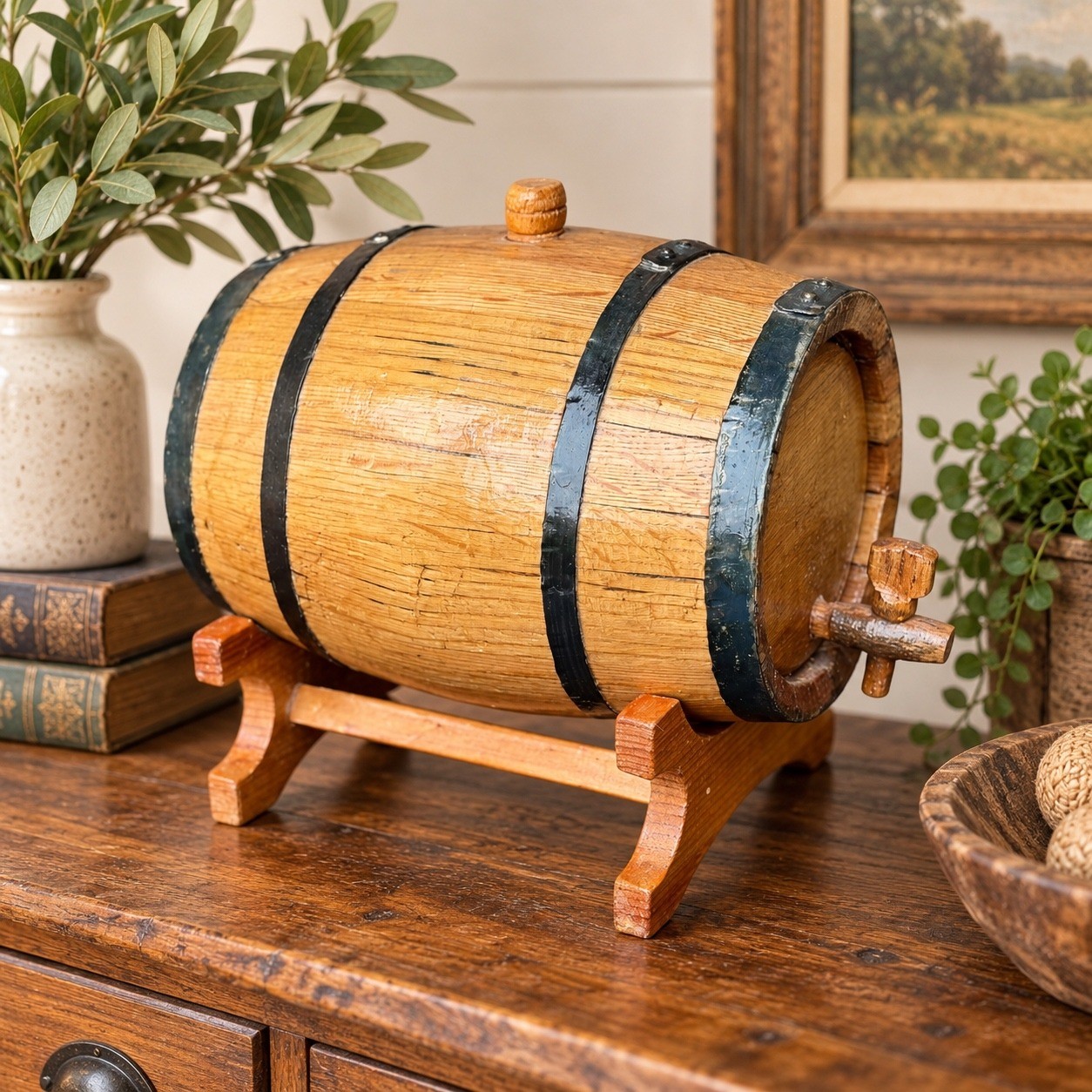 Vintage Decorative Wood Barrel w/ Spigot Stand Rustic Farmhouse Bar Decor