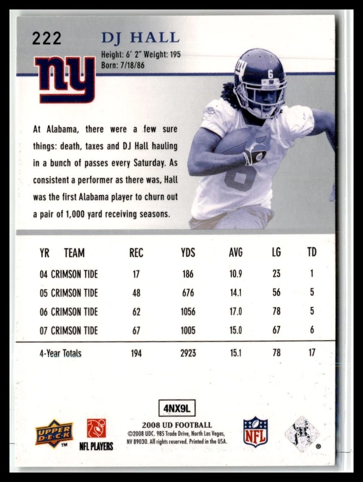 DJ Hall 2008 Upper Deck #222 RC Rookie New York Giants - Image 2 of 2