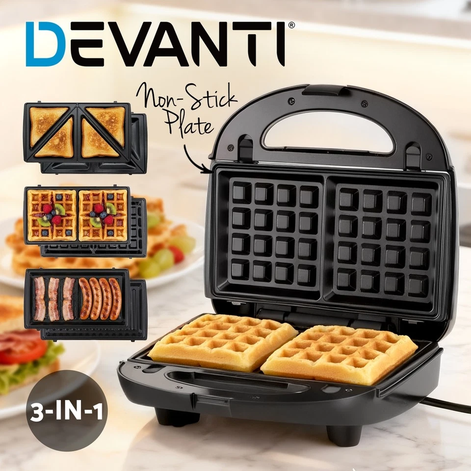 Devanti 3-in-1 Sandwich Press Waffle Maker Panini Press Grill 850W Fast Heating