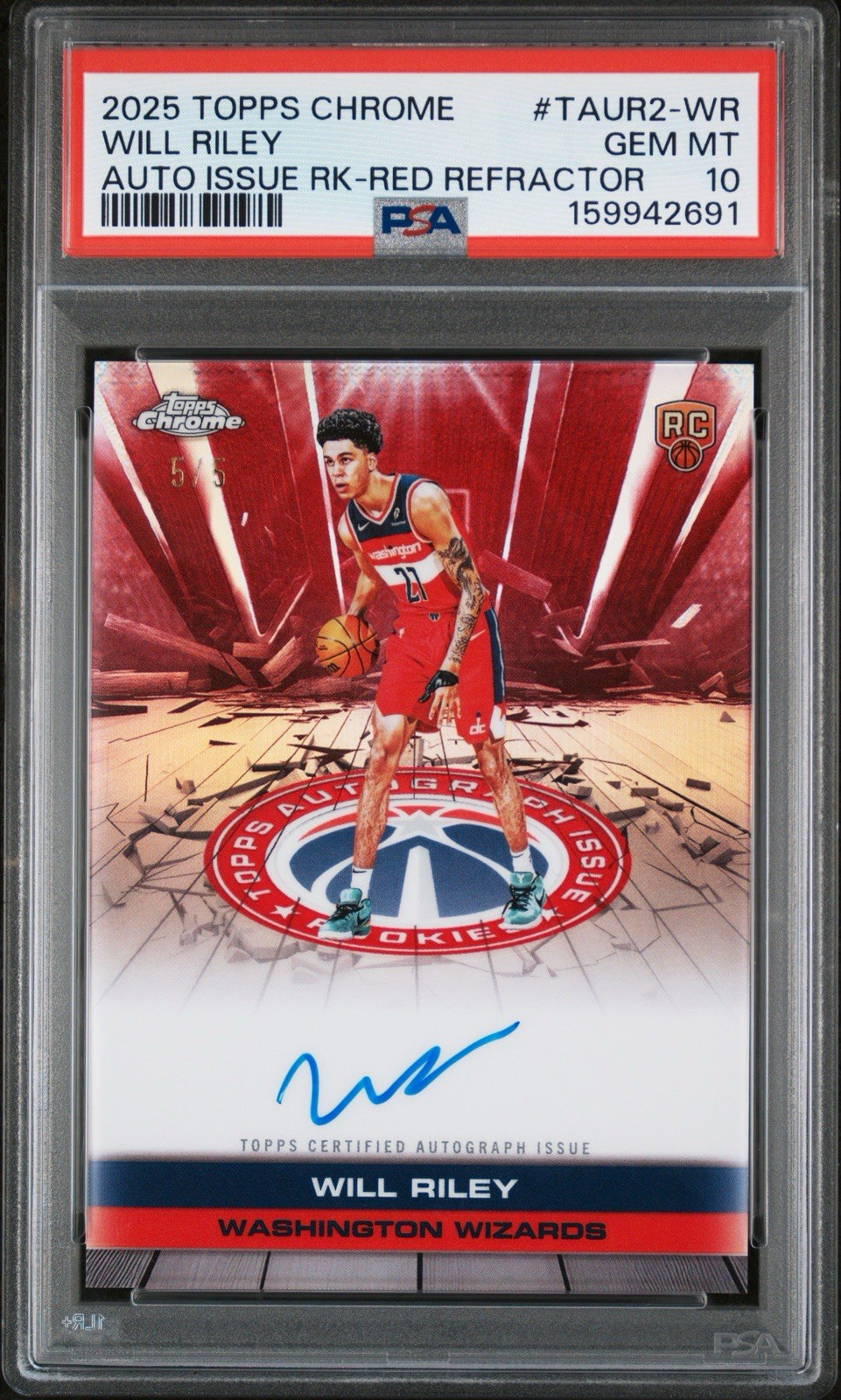 2025 Topps Chrome Will Riley Auto Issue ROOKIE Red Refractor /5 #TAUR2-WR PSA 10