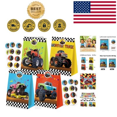 Colorful Monster Truck Goodie Bags - Set of 24 with Stickers for Kids' Parties