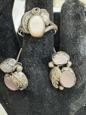 Vtg Native American Sterling Silver Mop Ring & Earrings 5.597g Size 6.75