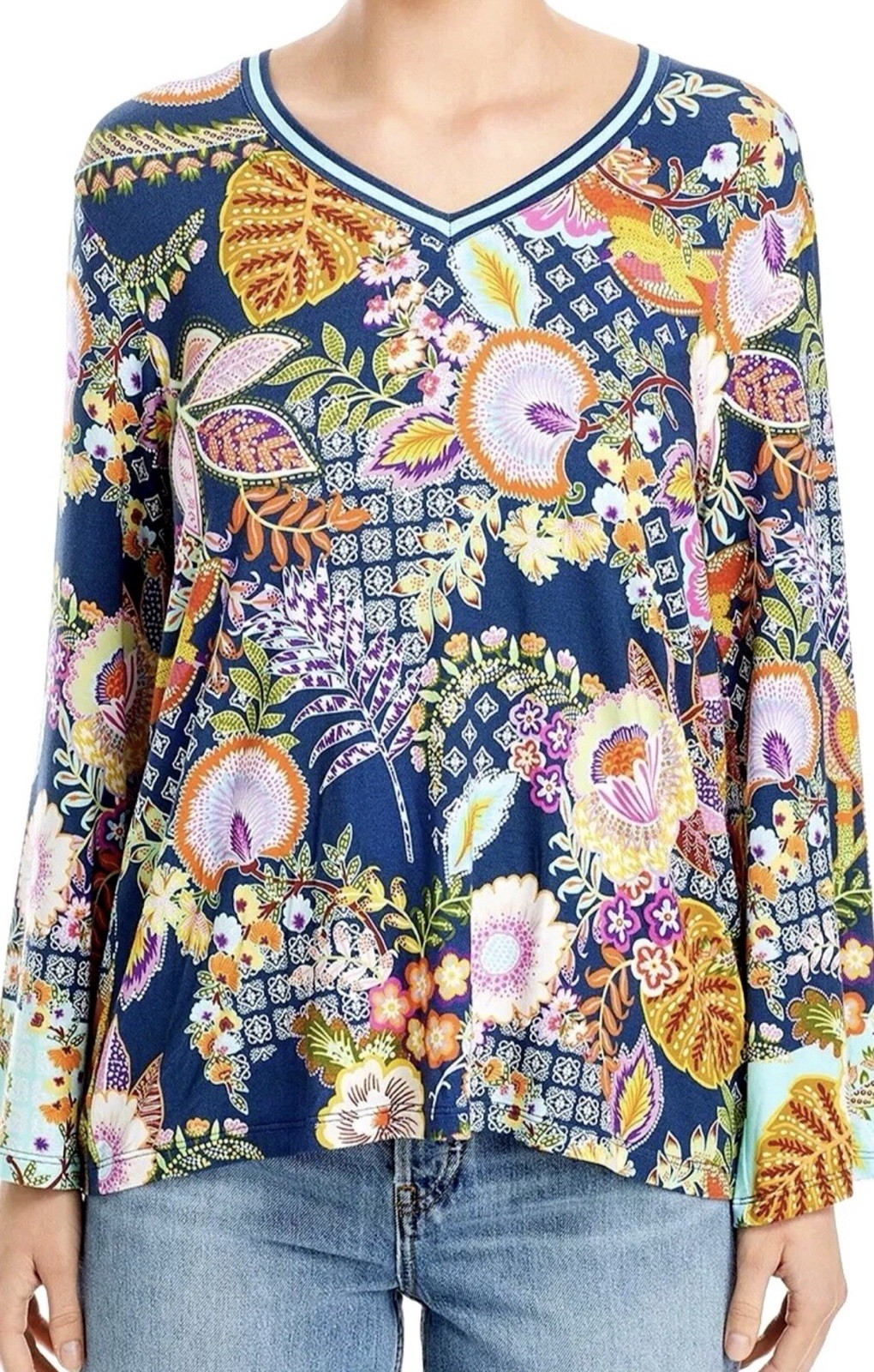 Johnny Was Janie Favorite Floral Bird Print V Neck Kimono Sleeve Top XL