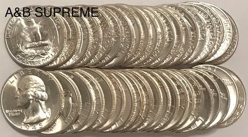 ROLL (40) 1945 WASHINGTON QUARTERS “STUNNING GEMS” BU UNCIRCULATED 90% SILVER