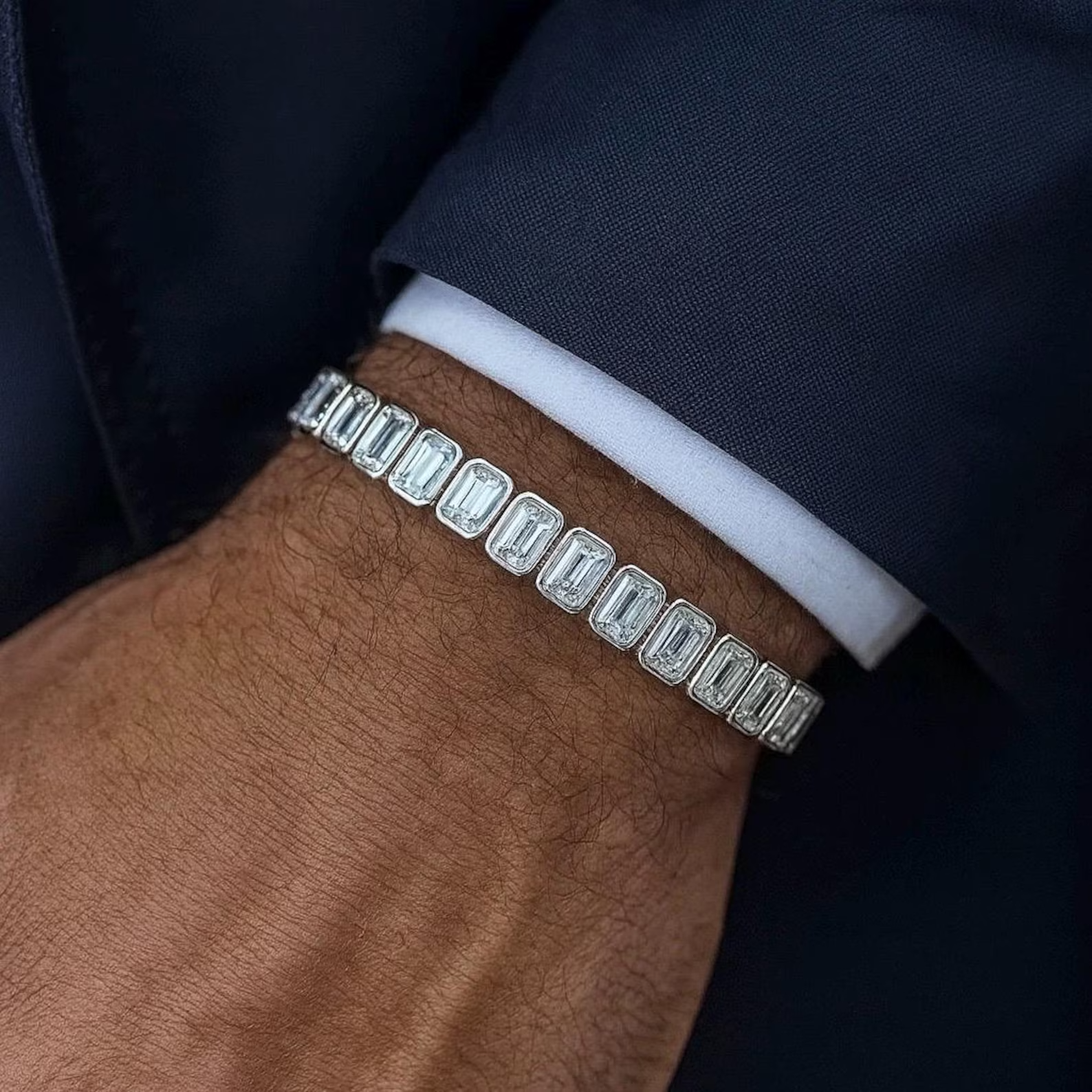 Men's 10Ct Emerald Cut Lab Created Diamond Tennis Bracelet 14K White Gold Plated