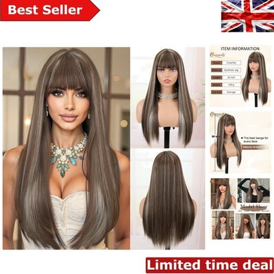 Elegante 23'' lange braune ombre Perücke mit blonden Highlights & Pony - Daily Glam