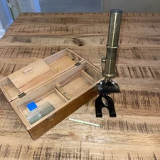 Antique Brass Microscope With Wooden Case & Slides READ