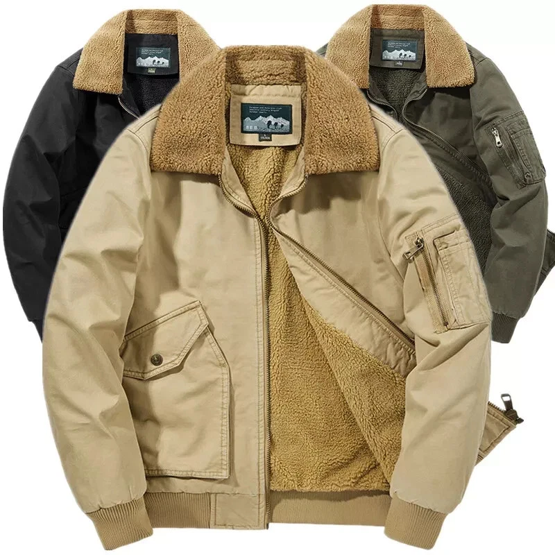 Men Flight Bomber Jacket Air Force Cotton Fleece Jacket Winter Fur Collar Coat