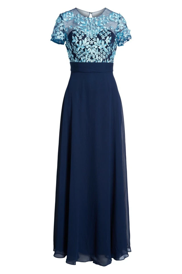 JS COLLECTIONS Navy Turquoise Embroidered Floral Illusion Sheer Chiffon Gown 4 - Image 3 of 4