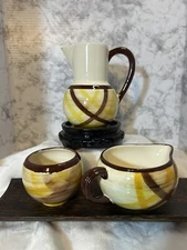 Vernon Kilns Organdie Plaid Brown Yellow Set Of 3 16oz Pitcher Sugar & Milk Bowl