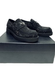Prada Black Studded Crystal Satin 35mm Calzature Loafer Size 6 7US Triangle Logo