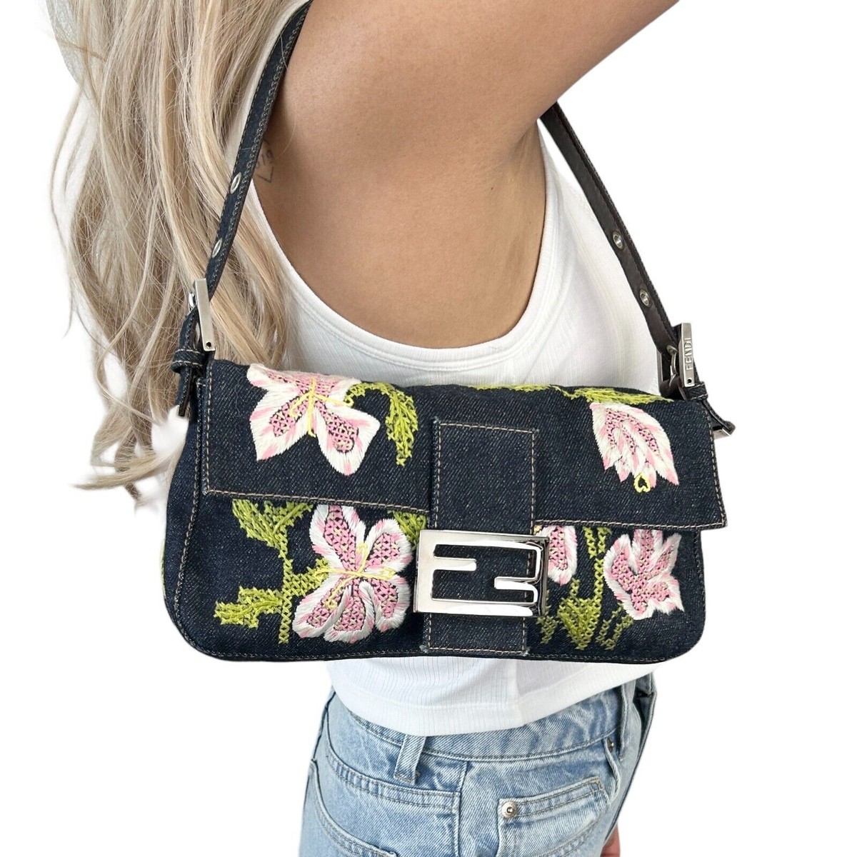 FENDI Vintage Logo Denim Mamma Baguette Shoulder Bag Flower 