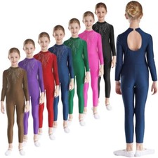 UK Kids Girls One Piece Shiny Rhinestone Gymnastics Leotard Long Sleeve Overalls