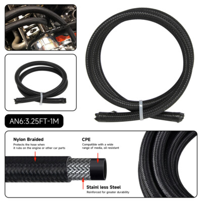 1M -6AN Nylon Stainless Steel Braided Fuel Line Hose Kit – 1000 PSI, Black, With Fittings