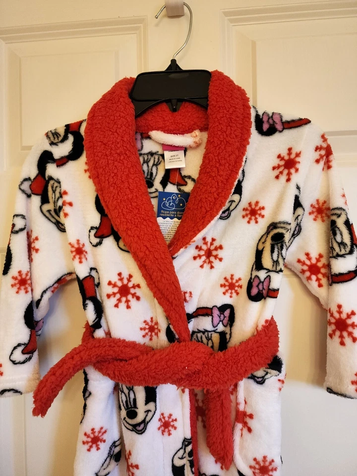 NEW Xmas Winter Girls Character Robe W/Tie Minnie Mouse White & Red Size 3T - Image 2 of 3