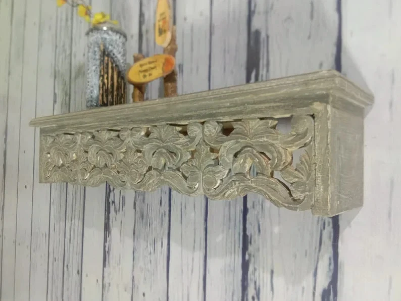 Antique Hand Carved Wall Shelf/Wood Carving Wall Wall Shelf Bracket Wood/White - Image 3 of 4