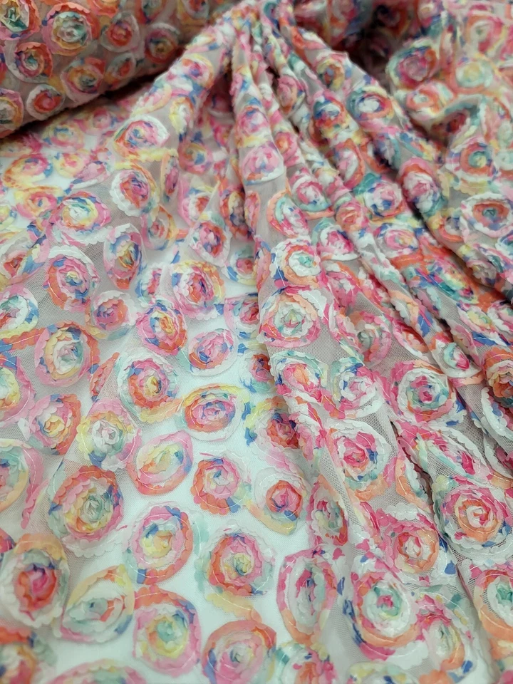 White Mesh Embroidery Multicolor Floral Fabric By The Yard Confetti Pastel Color - Image 3 of 4