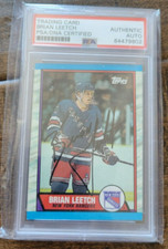 1989-90 TOPPS SIGNED ROOKIE CARD BRIAN LEETCH NEW YORK RANGERS HOF PSA DNA # 136