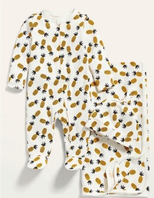 NWT newborn NB pineapple unisex layette baby shower blanket sleeper cap old  navy