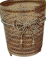 ITALIAN Filigree RIBBON BOW TASSEL Ormolu Waste Basket Hollywood Regency 1960s