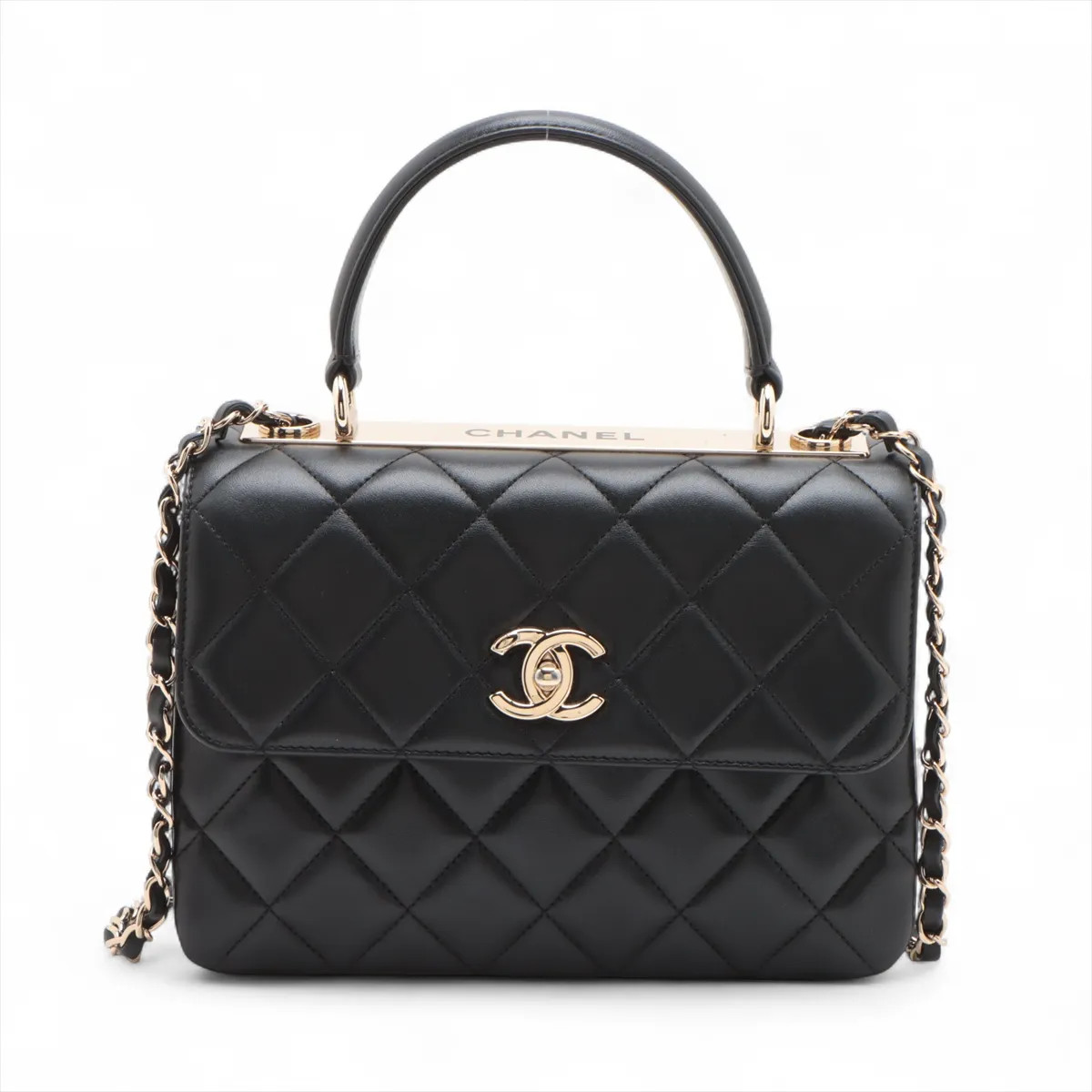 Chanel Trendy CC Lambskin 2 Way Handbag Black Gold Metal Fittings random plate A