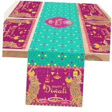 Happy Diwali Table Runner with Place Mat for Festival of Lights Party