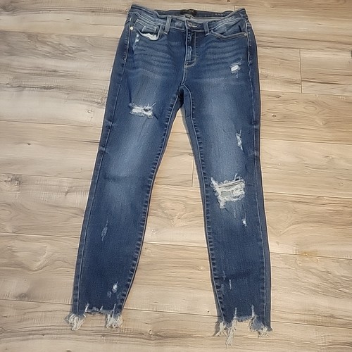 Judy Blue Jeans Womens 11/30 Blue Skinny Distressed Raw Hem Mid Rise Denim - Picture 2 of 10
