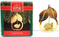 Hallmark CHRISTMAS PARTRIDGE Ornament flat brass pear dimensional bird on chain