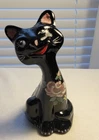 Fenton Glossy Black Happy Cat Marilyn Wagner w/Flowers, Bluebird & lots of Frit
