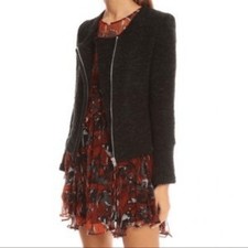 IRO Brown Boucle Knit Asymmetrical Zip Moto Jacket Collarless Blazer
