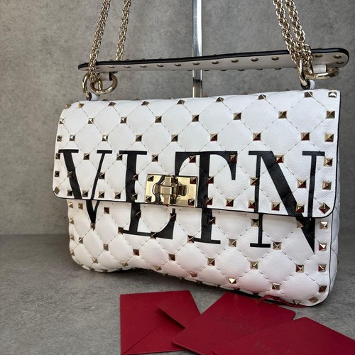 VALENTINO GARAVANI Women Rockstud Shoulder Bag White Leather Gold Chain