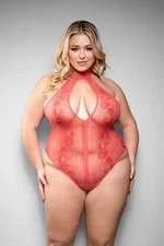 Fantasy Lingerie Calliope Striped Floral Lace Zipper Teddy Coral Queen