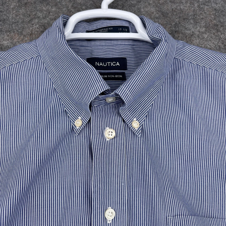 Camisa Nautica Para Hombre 17.5 34/35 Azul Blanco Rayas Premium Sin Planchar Abotonada Foto 2 de 4