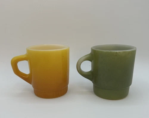 Set of 2 Vintage Green & Yellow Fire King Anchor Hocking Stacking Coffee Mugs