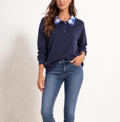 NWT Curations x TY Mayberry Women s Navy Knit Sweater Top Blue Gingham Collar XL