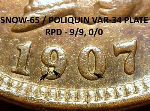 1907 Indian Head Cent - AU+++ DETAILS SNOW-65, VAR-34 PLATE, RPD (J362)
