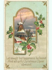 Pre-Linen christmas WINDMILL IN WINTER SCENE WITH HOLLY : make an offer k1290
