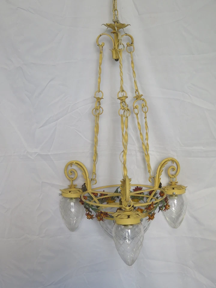 Lustre Style Floréal Art Nouveau En Fer Forgé Vintage Fleurs Verre B28 - Photo 3/4
