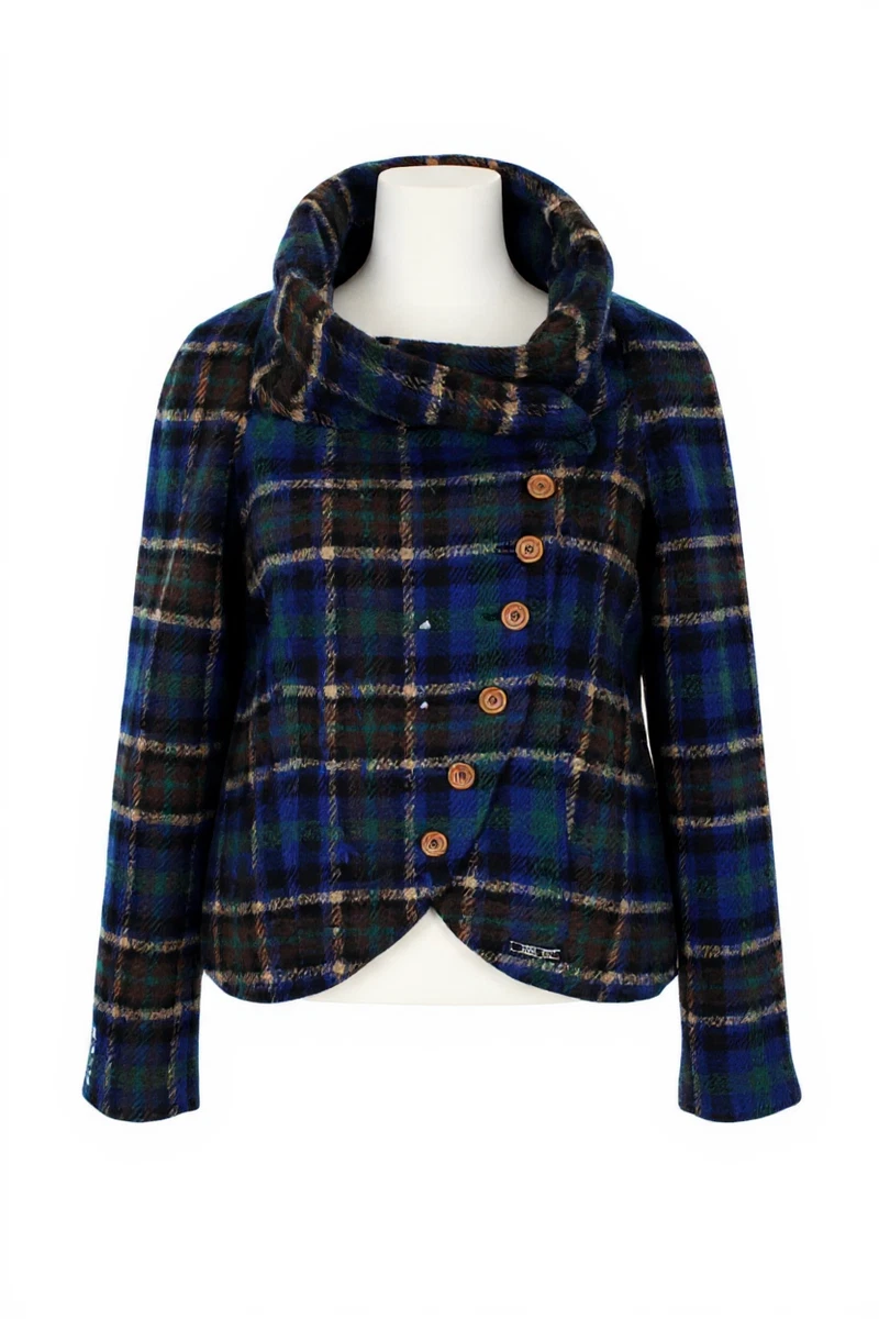 Desigual Mula Damen Mantel EU38 Blau Kariert Bestickt Wollmischung Designer Logo