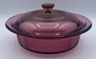 Vintage Vision Corning Cranberry Ribbed Casserole Dish With Pyrex Lid 1 Liter
