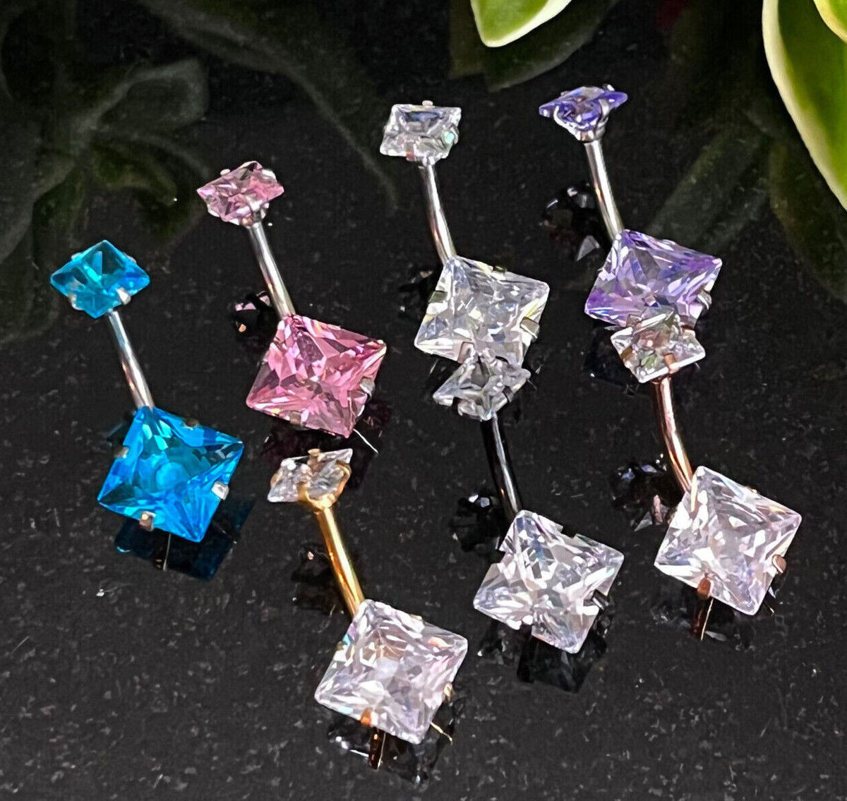 Surgical Steel Square CZ Gem Prong Stone Belly Button Navel Ring Bar Surgical Steel Square CZ Gem Prong Stone Belly Button Navel Ring Bar