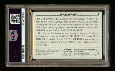 1984 Star Wars #1 LUKE SKYWALKER Kellogg's Stick'R Trading Card