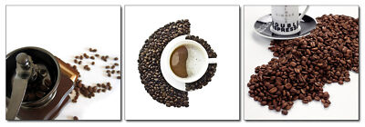 Bild 3-tlg Kaffee Bohnen Cafe Holzfaserplatte Fotodruck Wandbild Set 3x 40x40 cm