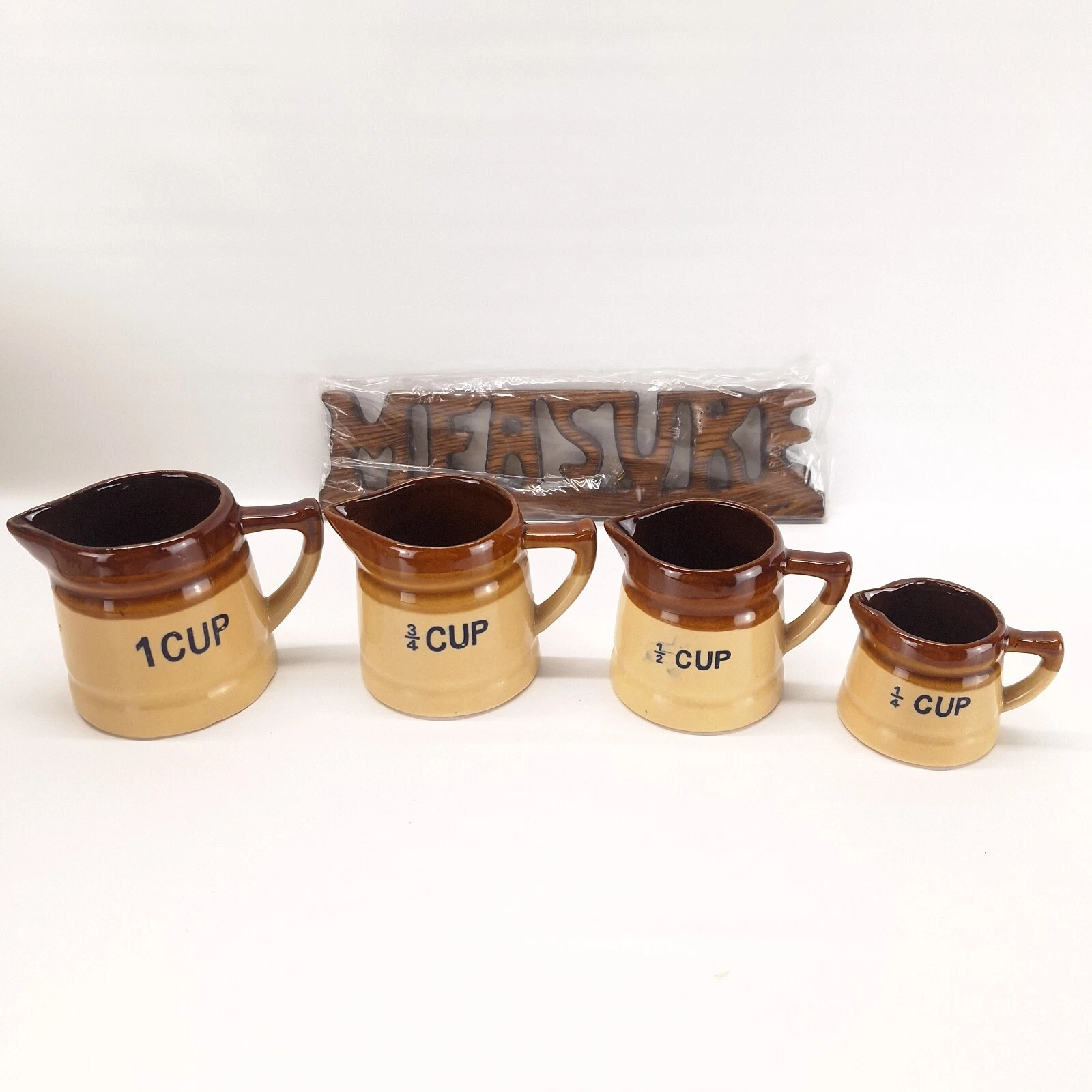 Vintage 5pc Measuring Cups Set w/ Hanging Wooden Hook Display - 1970's