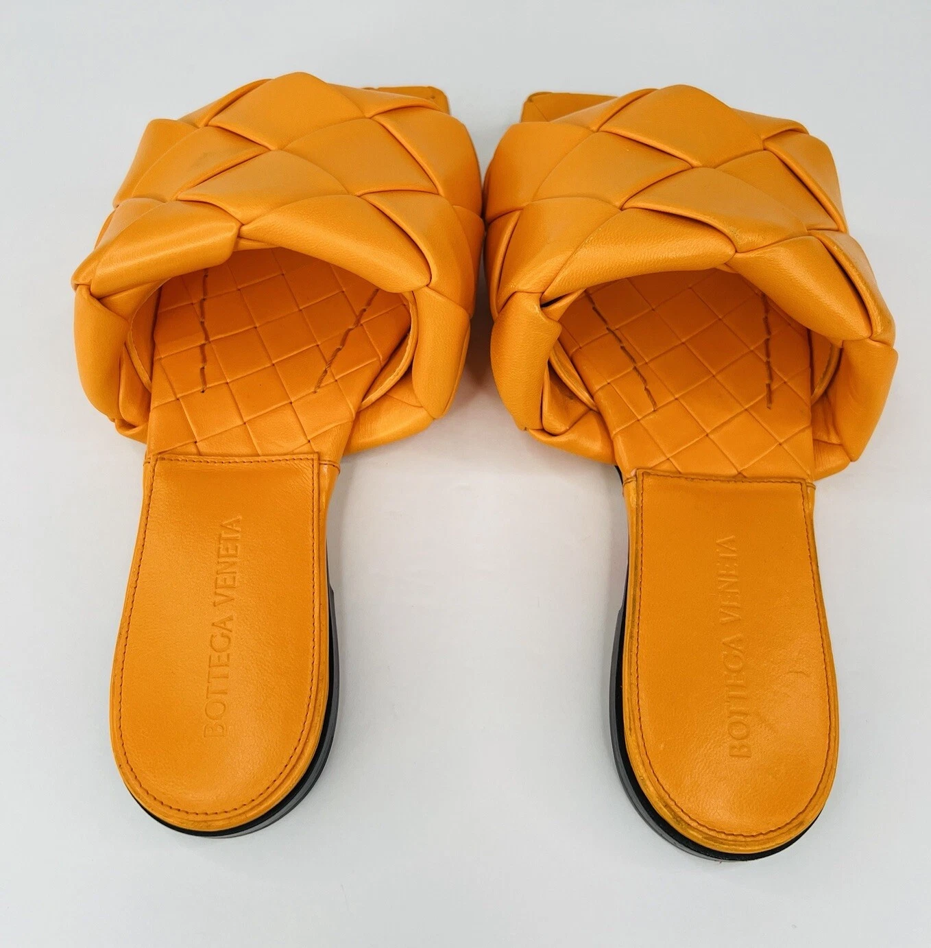 SANDALI PIATTI BOTTEGA VENETA LIDO INTRECCIATO MANDARINO TESSUTO PELLE TAGLIA EU 35