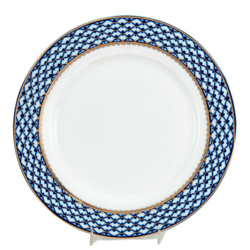 Lot de 6 assiettes à dîner russe 10 pouces filet bleu cobalt - porcelaine de salle à manger or 24 carats - Photo 1 sur 3