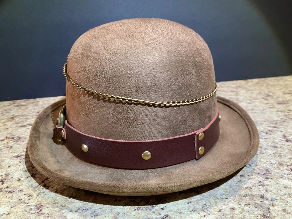 蒸汽朋克德比帽棕色人造麂皮绒男式均码齿轮角色扮演万圣节 — 第 2/4 张图片